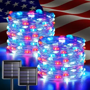 2 Pack Red White Blue Solar String Lights, Each 33FT 100LED 8 Modes Waterproof Outdoor Fairy Lights, Patriotic 4th of July Independence Day Decor Lights for Garden Yard Patio Party Holiday Decoration