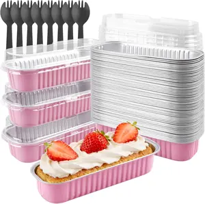 50 Pack Mini Loaf Pans with Lids and Spoons, 6.8Oz Aluminum Foil Baking Pans, Disposable Rectangular Ramekins for Mini Cake, Bread, Brownie & Cheesecake - Heat Resistant Cupcake Containers-Pink Tikxlafe