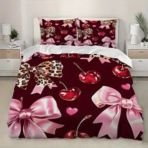 3-Piece Leopard Print Duvet Set, Bedding Sets, Cute Bow Cherry Pattern, High-Definition Digital Print, 100% Polyester Fiber, Bedroom & Guest Room Use