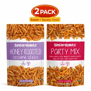 Sincerely Nuts Sweet & Savory Snack Bundle – Honey Roasted Sesame Sticks + Gourmet Party Mix (2 Pack, 10oz Each)