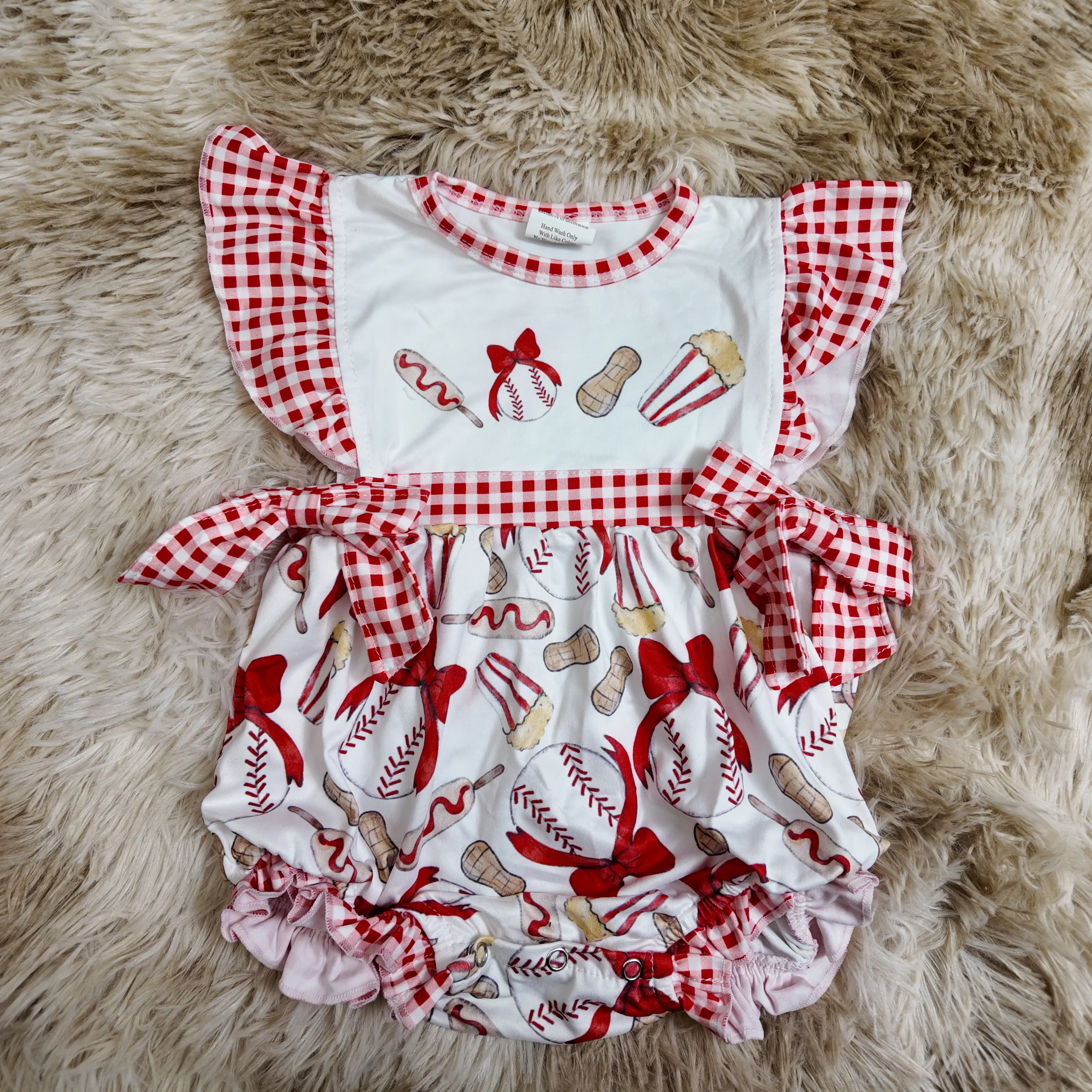 Red Gingham Bubble Romper for Baby Girls, Cute Crew Neck Summer Bodysuit with Baseball Bow Print, Baby Girls Clothing, 2T