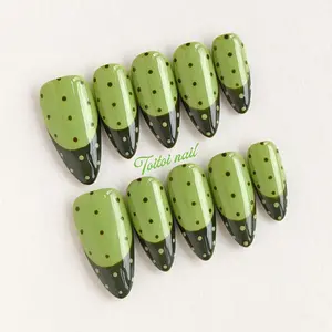 Matcha Polka Dot Handmade Press-On Nails, Press On Sets, Short Almond Shape, 10pcs Handmade, Matcha Green Dark Green French Tip + Polka Dot Graffiti, High Gloss Finish, Reusable DIY Nail Kit for Spring/Summer Daily/Date, Y2K Glossy