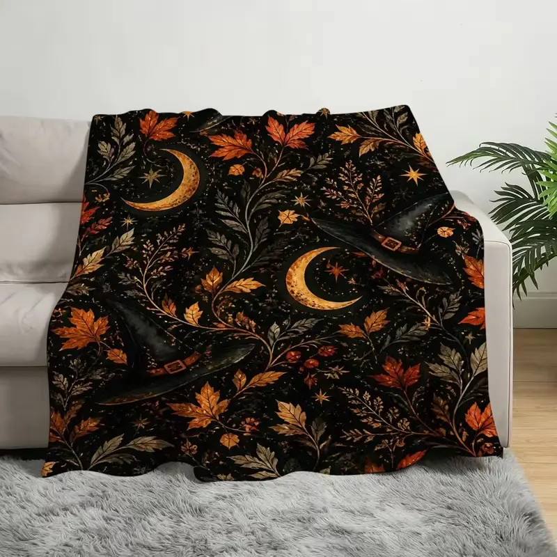Vintage Witchy Celestial Flannel Fleece Throw Blanket, Witch Hat Moon Autumn Fall Leaves Star Print Soft Plush Blanket, Lightweight Cozy Warm Blanket, Dark Academia Cottagecore Spooky Season Home Decor, Ideal Halloween Gift for Witch Lovers