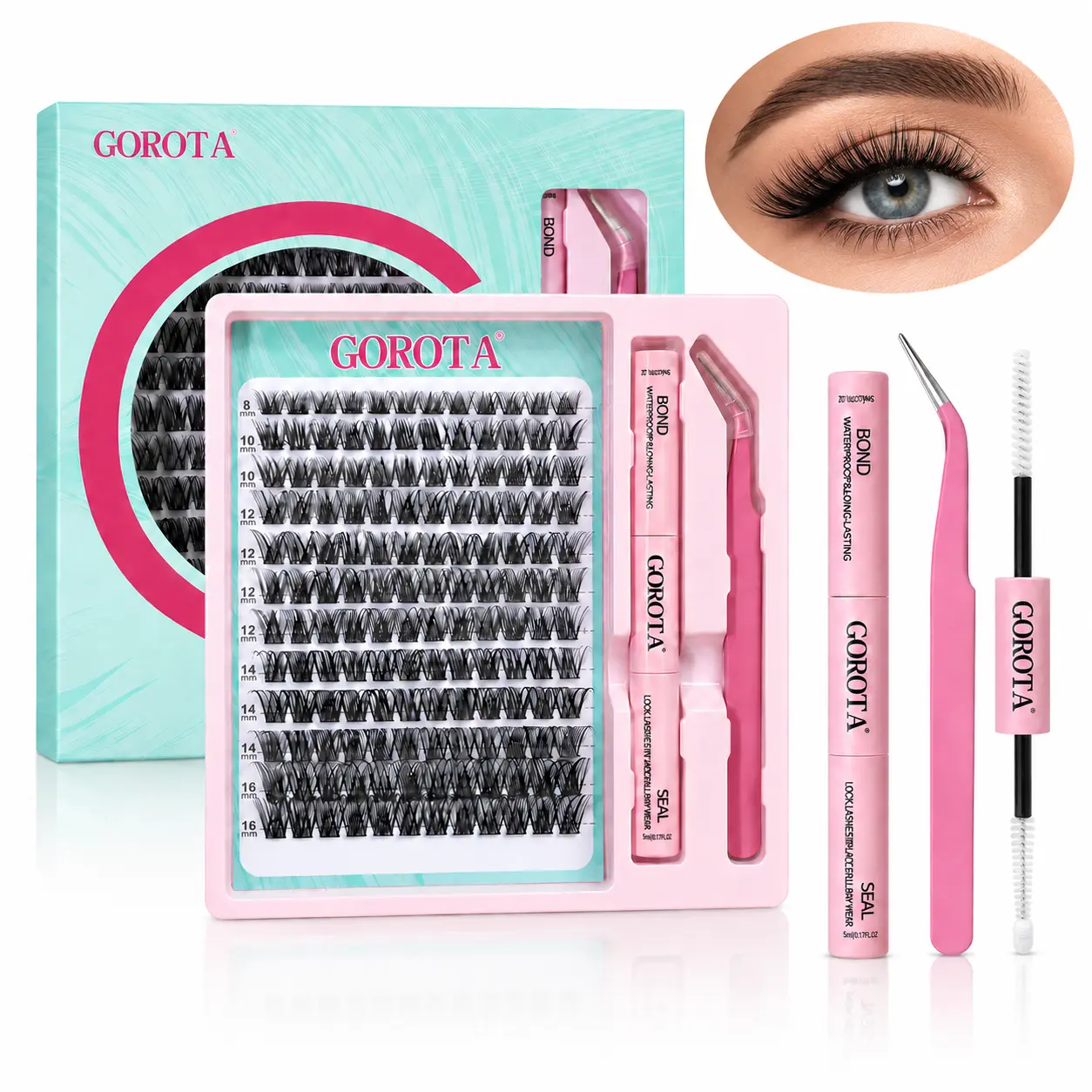 GOROTA Dense Version DIY False Eyelash Extension Kit — Natural curl, waterproof and long-lasting hold, soft segmented lashes (8–16 mm), includes glue and tweezers; easy for beginners, lightweight and comfortable, suitable for all-day wear.