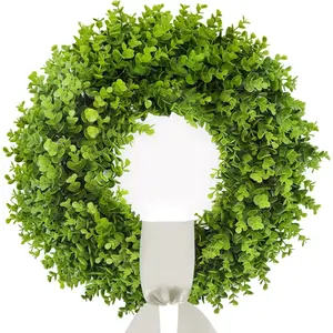 ChrisXiao 20'' Boxwood Wreath for Front Door Artificial Spring Wreath, All Year Round Farmhouse Green Wreath with Welcome Sign Bow & Beige Sash, Foldable Indoor Outdoor for Wedding Window Wall Decor