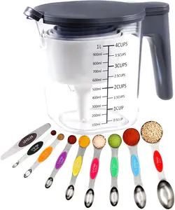 19 count Measuring Cups and Spoons set, Includes 10 Stackable Measuring Cup with Lid and 9  Measuring Spoons, , Dishwasher Safe (Multicolor)