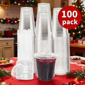 Transparent plastic cups with flat lids and straws, disposable cold drink cups, suitable for cold drinks,  , milkshakes, 100 sets, available in 12-24 oz options, suitable for Christmas, Thanksgiving, Valentine's Day, New Year.