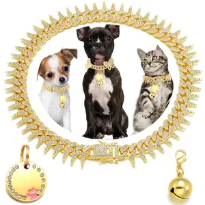 Rivet Cuban Link Dog Collar 13mm Gold Chain Dog Cat Collar with Design Secure Buckle Bling CZ Diamond Chain Dog Collars for Small Medium Large Dogs with Name Plate and Bell