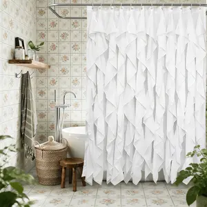 Ruffled Shower Curtain for Farmhouse Bathroom, Dual Layer Fabric, Textured Design, 72x72 Inches, Opaque, Elegant Decoration
