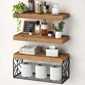 Bathroom Shelves Over Toilet Set of 3, Floating Shelves for Wall Toilet Paper Storage, 1.5" Thick Hanging Shelf, Farmhouse Wall Decor for Bathroom Living Room, Kitchen, Rustic Brown