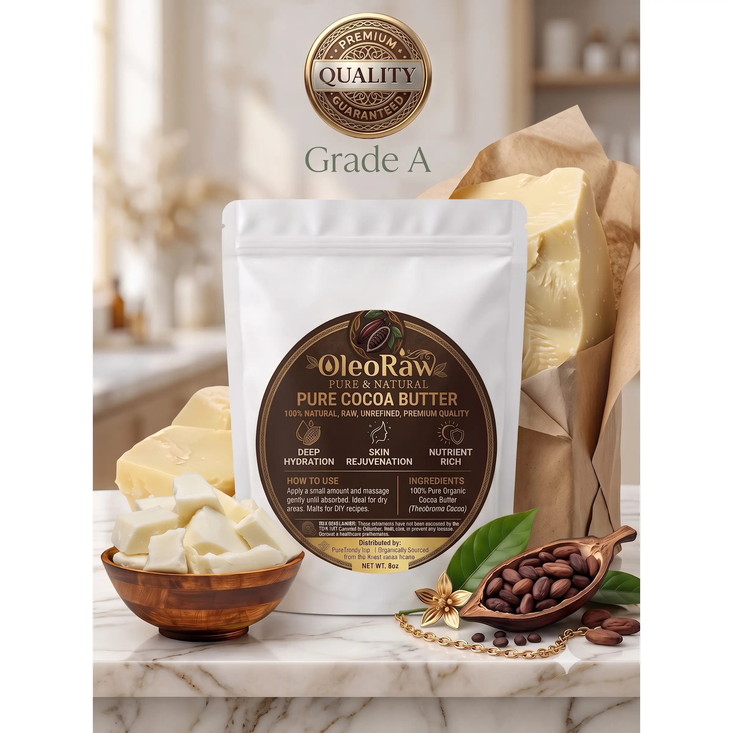 Unrefined Organic Cocoa Butter - 100% Pure Raw Body Moisturizer for Natural Skin Defense, Deep Hydration, Apply Daily