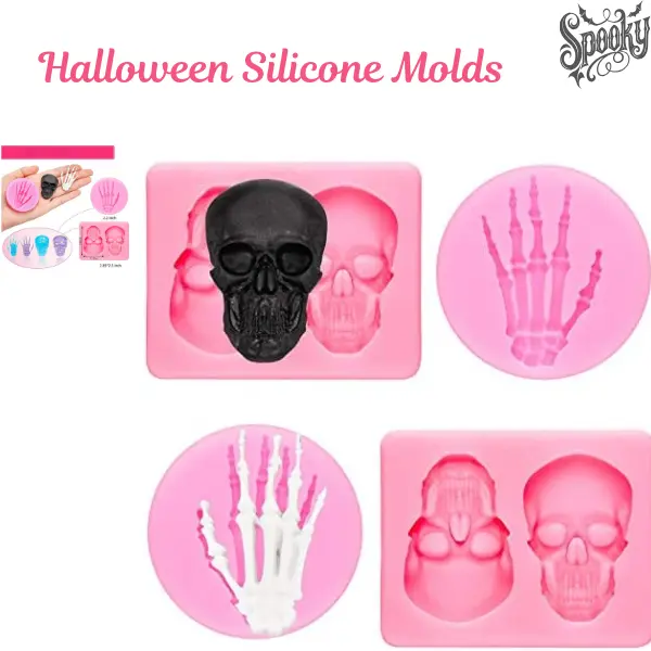 4PCS Halloween Silicone Molds Set, Skeleton Hand & Skull Chocolate Candy Mold, Halloween Fondant Mold for Cake Decorating, Cupcakes, Gummy, Pudding, Ice Cream, Epoxy Resin, Soap & DIY Crafts
