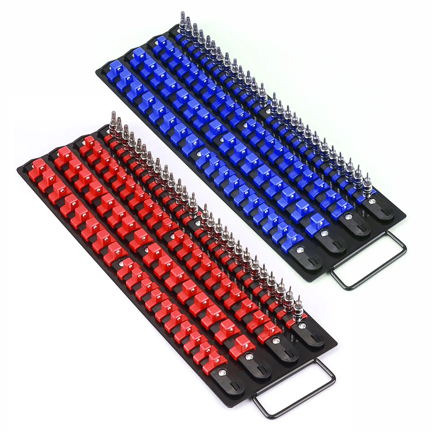 80-Piece Portable Socket Organizer Tray, 2 Pcs Set, Blue & Red, Tools Organizer 1/4-Inch, 3/8-Inch, 1/2-Inch, Heavy Duty Socket Holder, Black Rails, Blue & Red Clips #dealforyourdays