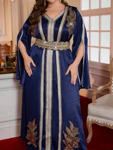 Luxurious Embroidered Muslim Dress, Turkish Long Robe with Rhinestones, Floral Embellished Abaya, Arabic Ethnic Clothing for Ramadan & Eid Celebrations