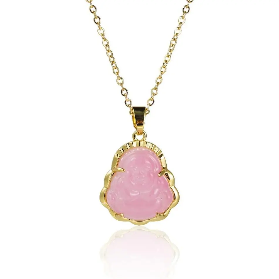 18k Gold Plated Laughing Buddha Pendant Necklace Green Jade Cubic Zirconia Gemstone Lucky Amulet Jewelry for Women Men