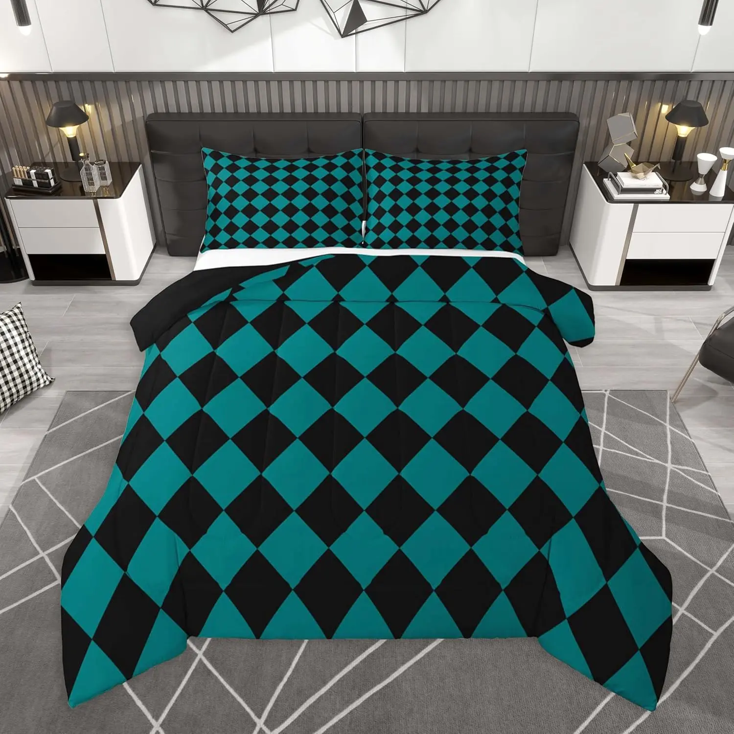 Diamond Plaid Bedding Set Soft for Boys Girls,Buffalo Check Grid Comforter Set Classic Checked Green Black Duvet Quilt Microfiber Bedroom Decor