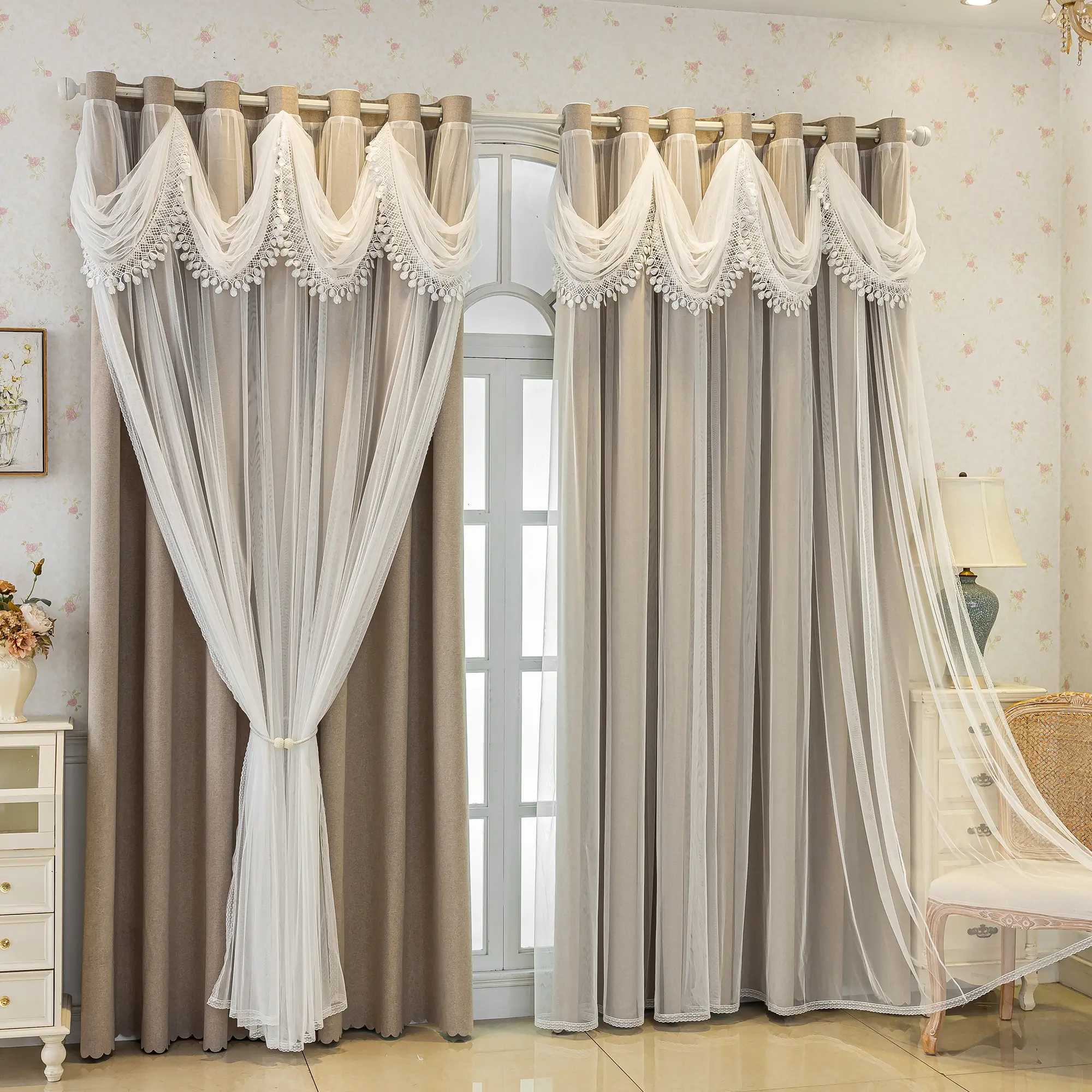 1pc Vintage Palace Style 100% Light Blocking Luxury Floral Embroidered Thick Curtains, Nordic Simple Lace Double Layer Drapes Home Decoration Curtain for Windows for Living Room Bedroom Dining Room Home Decor