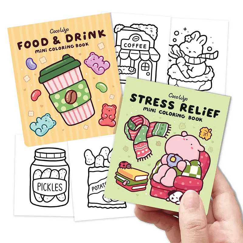 Coco Wyo Mini Coloring Book Set of 2 (3 x 3.5 in) – Stress Relief, Food & Drink - Beginner Friendly, Office Art Supplies, Beginner Friendly
