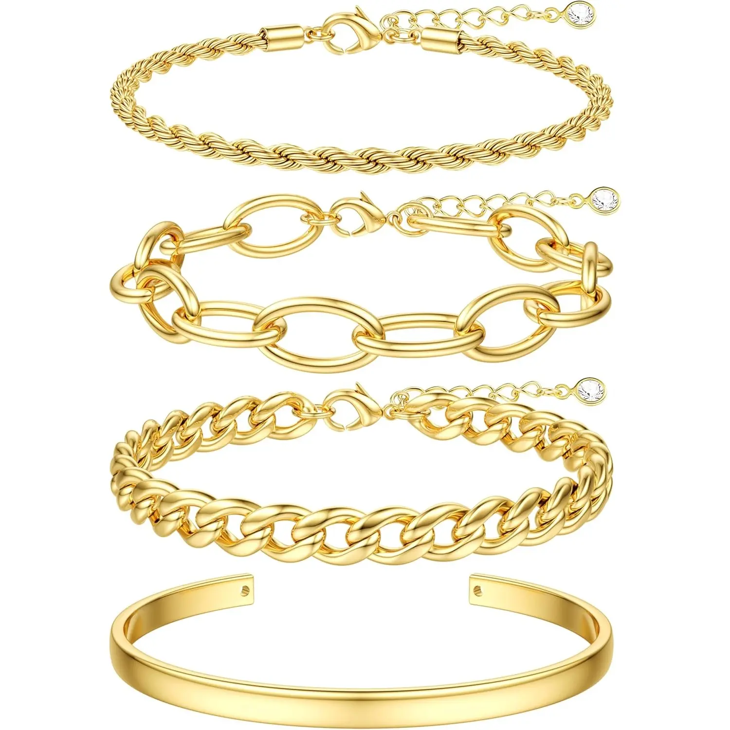 Women's Trendy Chunky Gold-Plated Cuban Chain Bracelets, Waterproof Non-Tarnish Tarnish-Proof Stackable Layered Cuff Herringbone Jewelry Gifts for Mothers Day, Non Tarnish Jewelry Adjustable Bangle