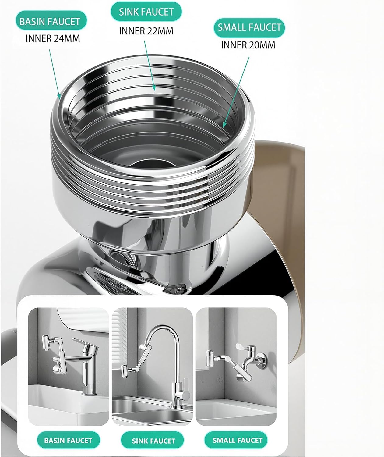 1080°Swivel Faucet Extender, Sink Water Faucet Aerator Extension in Brass, Swivel Robotic Arm Bathroom Faucet Extender, Kitchen Rotating Extension Filter with 4 Mode Splash