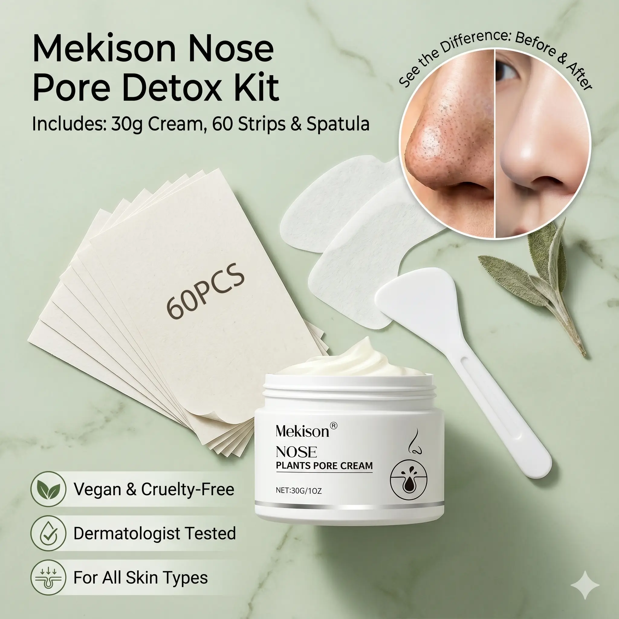 Blackhead Remover Nose Mask Kit, Deep Pore Cleansing Treatment with 2% BHA, Amazonian White Clay & Aloe Vera, Pore Control Peel Off Mask for Self Care, 30g with 60 Nose Strips, Moisturizer