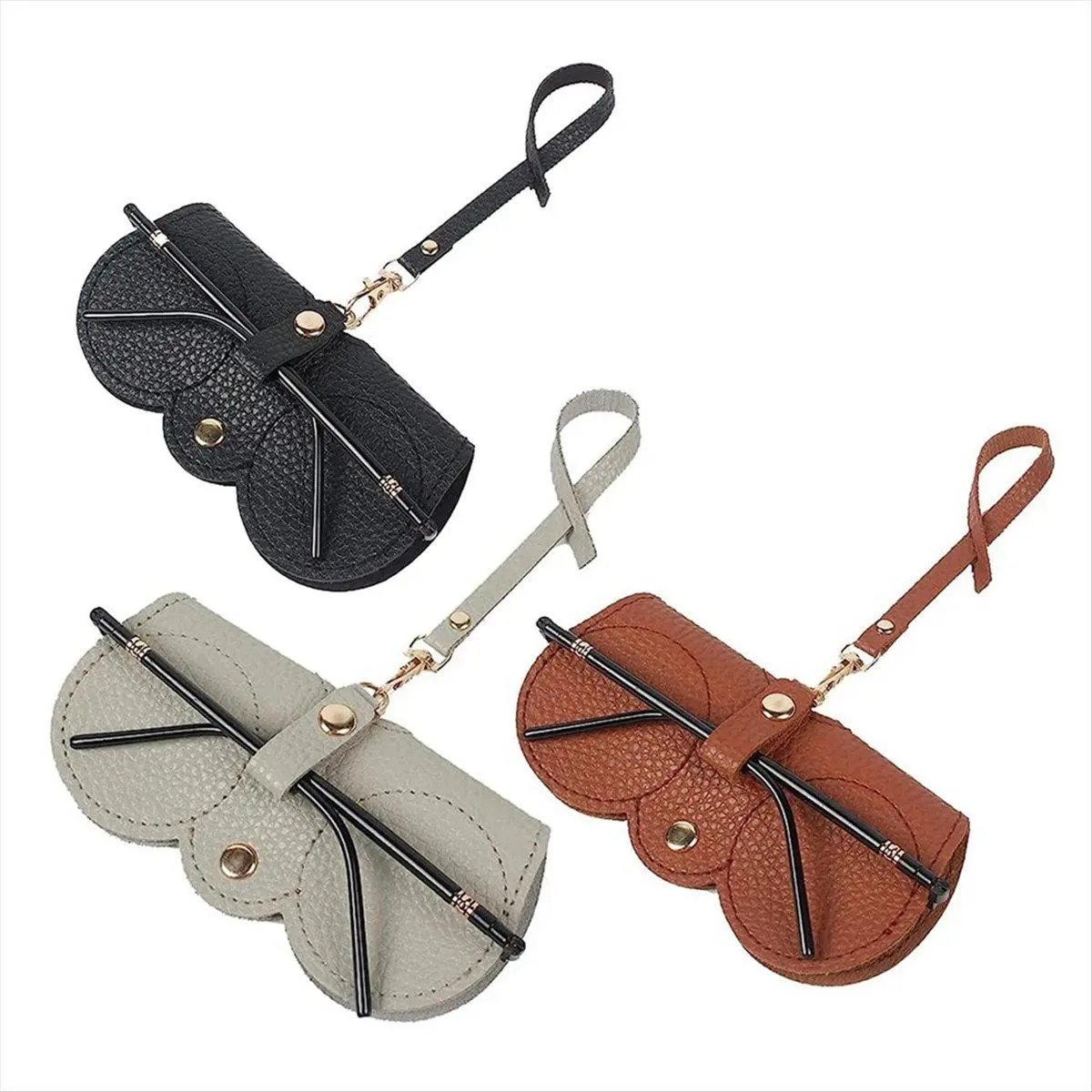 Unisex 3Pcs Lightweight PU Leather Sunglasses Bags - Scratch-Safe Eye Glasses Holders with Buttons, Slim Wrist Straps, 15x8cm Large Size Portable Organizer Pouches for Commercial Appliance Storage, Excellent for Traveling