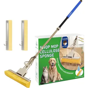 Cellulose Sponge Mop with 2 Replacement Heads, 4-Color Handle Choices for Zoned Cleaning, Super Absorbent Pop Up Roller Mop for Hardwood,Laminate Floors, Heavy Duty Floor  (Blue)