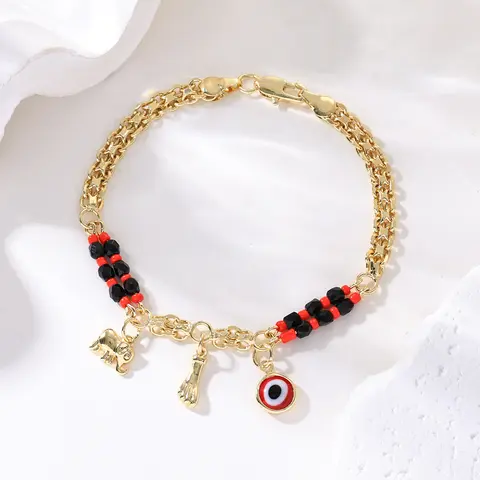 Women's Boho Red and Black Copper Beaded Bracelet Set - 19cm/7.48inch, 20g, Gold-Plated Devil's Eye & Elephant Pendant, Boho Bracelet Stack, Festival Party Jewelry (Sports & Outdoor Accessory)