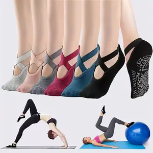 6 Pairs of Women's Yoga Socks, Silicone Non-Slip Boat Socks, Cross Lace-Up Fitness Pilates, Soft and Comfortable Dance Indoor Sports Socks