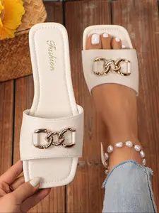 Women's Fashionable Plain Color Slides, Beach Slide Sandals, Casual Comfortable Flat Sandals for Summer, Lightweight Breathable Shoes for Daily Wear, Girl, PU Leather Sandals