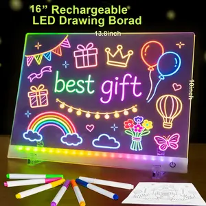 16-Inch Rechargeable Drawing Pad,Doodle Glow LED Note Board, 11 Light Modes, Neon Art Dry Erase Light Up Drawing Pad with Stand, Sketching Gift Toy for Kids/Girls/Teens, 7 Markers & 8Tracing Book, Led drawing board for kids