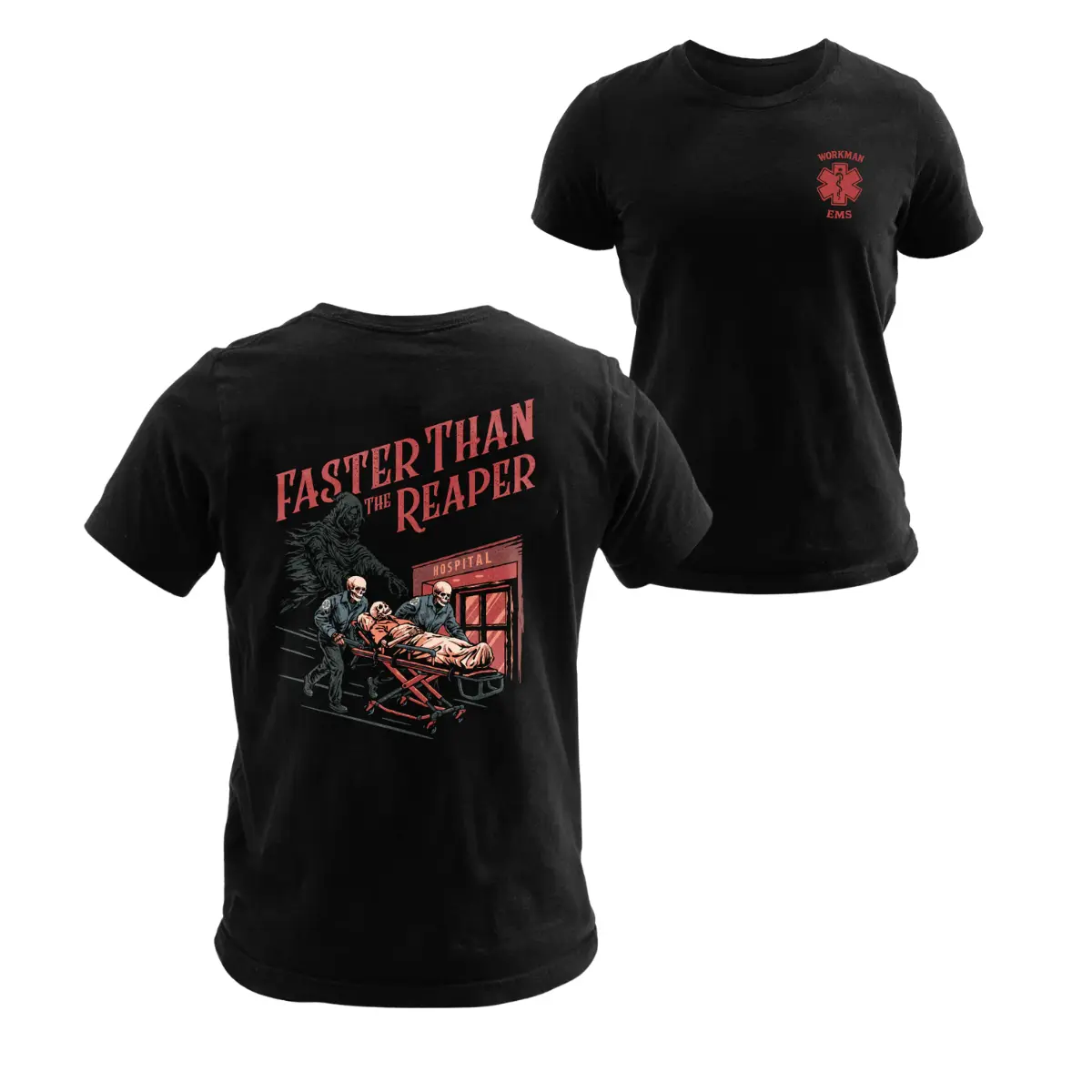 Funny EMS Paramedic Short-Sleeve Graphic Tee - Menswear Round/Crew Neck, "Worked to Death Faster Than The Reaper" Ambulance EMT Emergency Humor Top, Casual Streetwear Black Everyday Outfit Clothes For Paramedics/EMTs, Shortsleeve