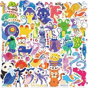 50 Pcs Kids English Cartoon Animal Stickers, Educational Decoration for Cellphone Cases, Water Bottles, Fridge, Room Walls, DIY Waterproof Decals