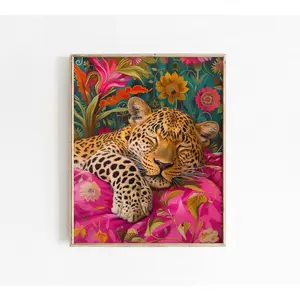Sleeping Leopard Maximalist Oil Painting, Bold Pink Dopamine Bedroom Poster, Kitsch Wild Animal Eclectic Floral Print With Vibrant Pop Art Style And Contemporary Design Touch