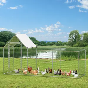 Spacious Metal Walk-in Chicken Coop, 10FT Large Heavy Duty Metal Chicken Run with Waterproof Anti-UV Cover, Walk-in Poultry Coop with Lockable Door, Outdoor Chicken Pen for Yard and Farm Use