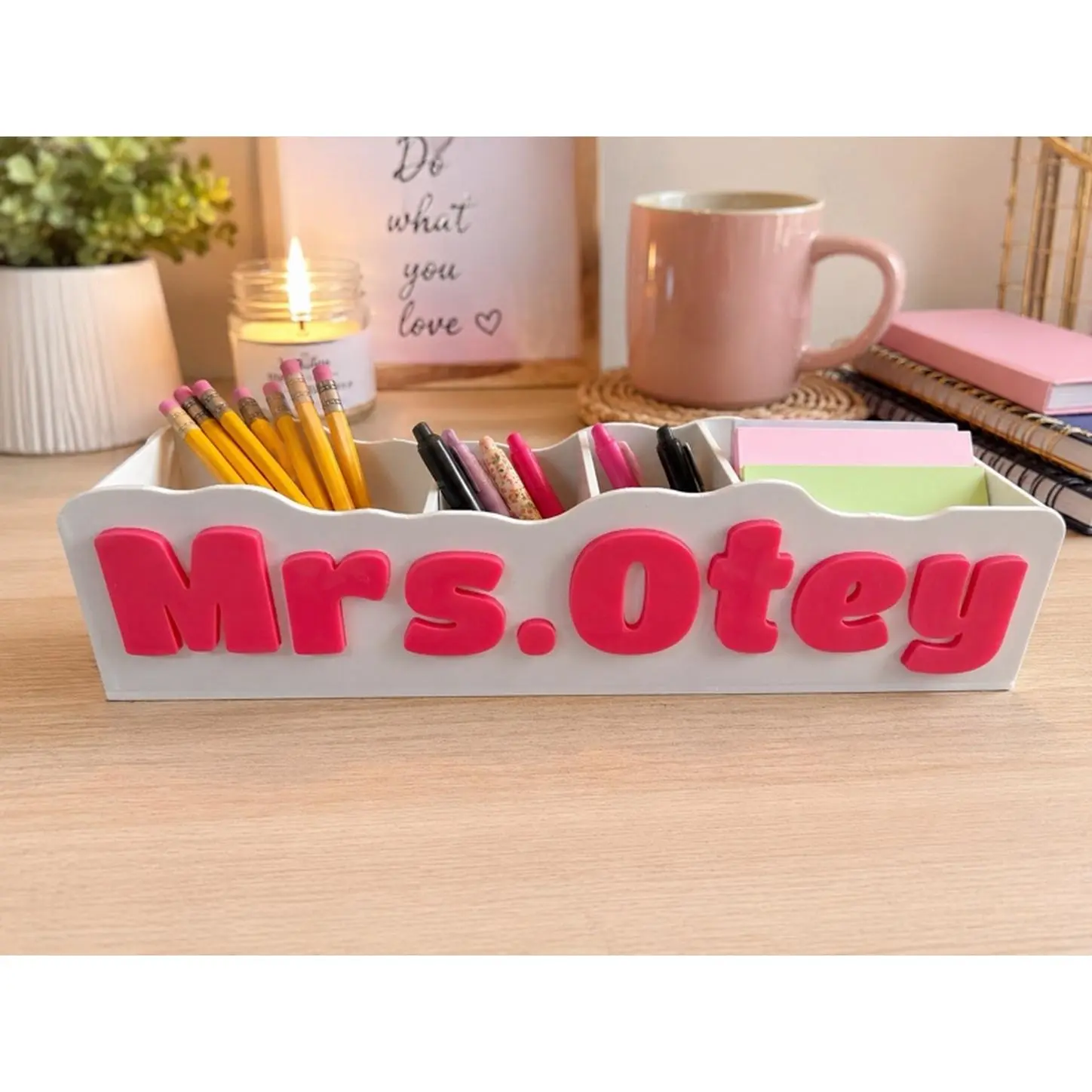 Personalized Teacher Desk Organizer White with Hot-Pink 3D Lettering .Multiple Compartments for Office Essentials Perfect Gift for Teachers