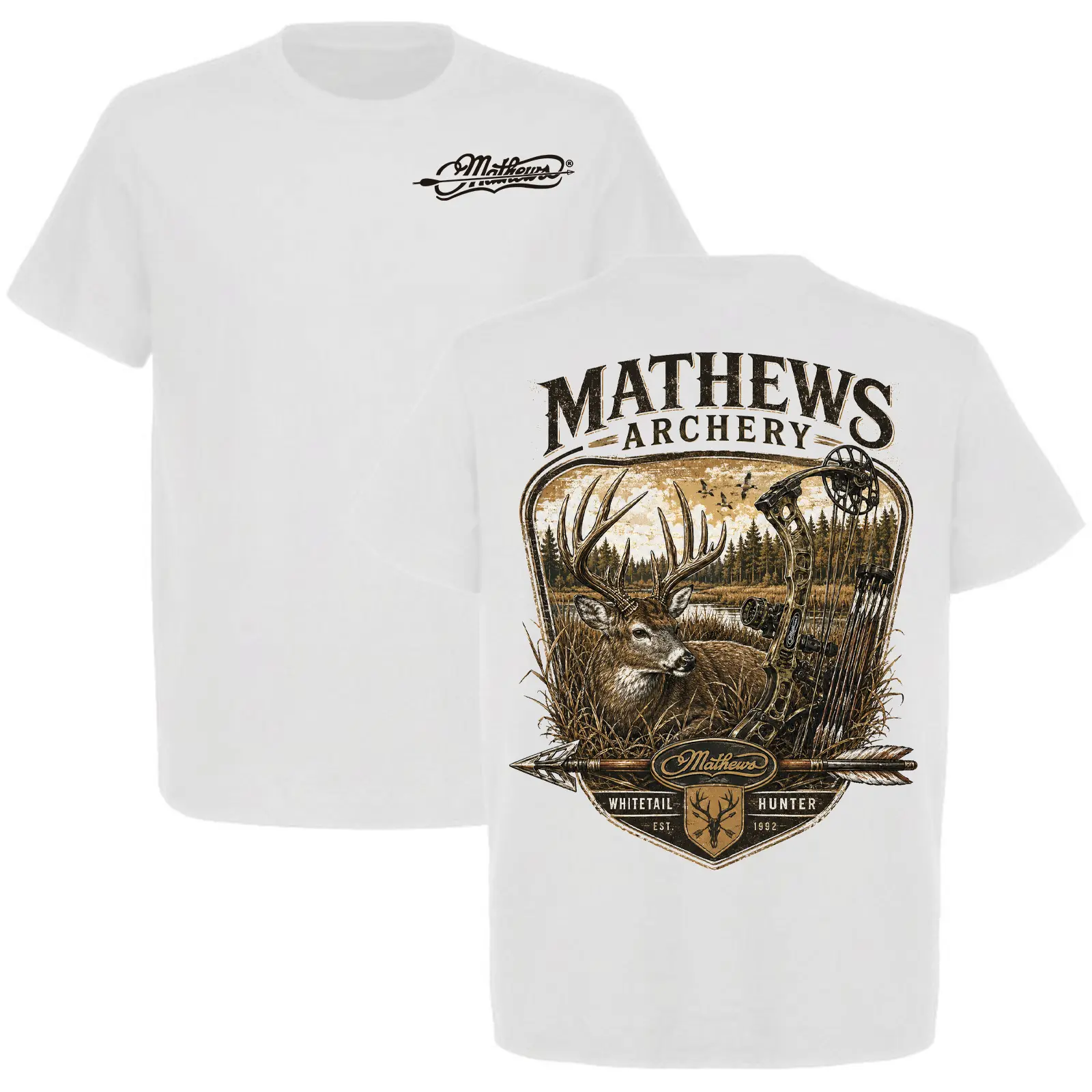 MA06 Archery Whitetail Hunter T-Shirt, Vintage Deer Bow Hunting Graphic Tee, Compound Bow Front and Back Print, Gift for Bowhunters