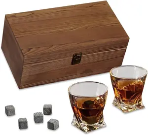 Elegant Twist Crystal Whiskey Glasses Set with 9 Stones & Wooden Box - Stylish Classic Drinkware for Whiskey Lovers