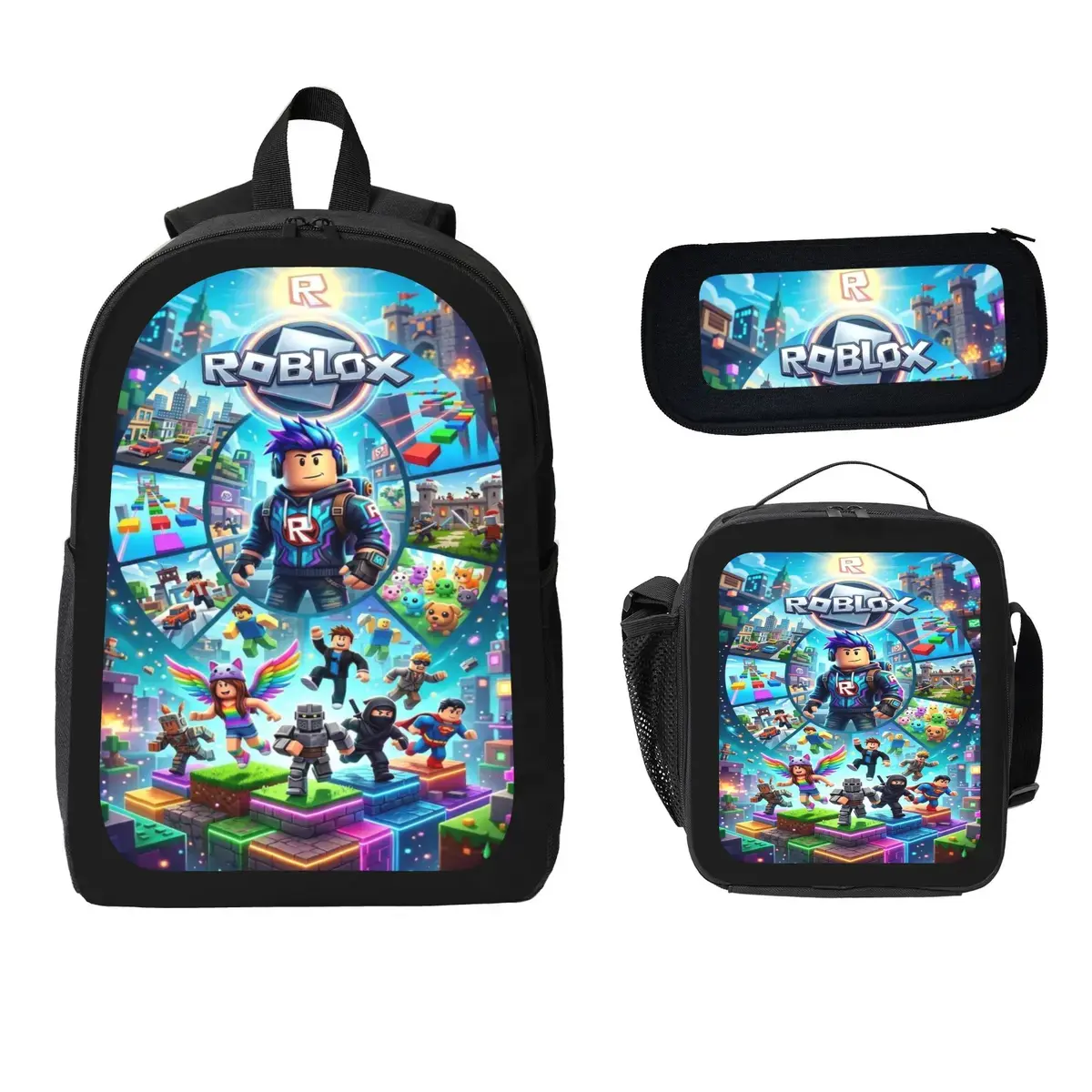 3pcs Cartoon Roblox Backpack Set for Boys - School Bookbag, Pencil Case, Lunch Box - Polyester Lightweight for School, Camping, Weekend Vacation