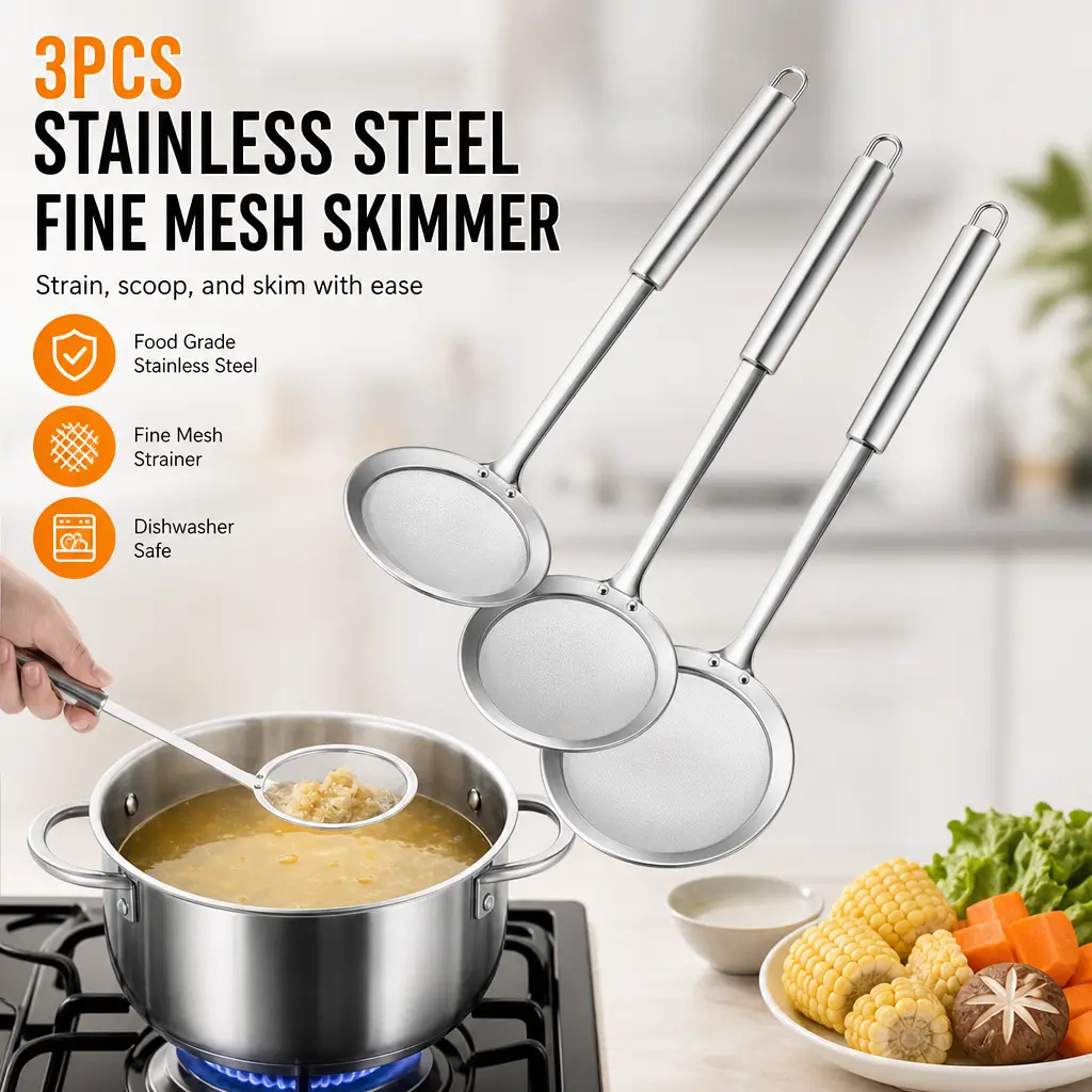 3pcs Sturdy Stainless Steel Fat Skimmer Spoons - Professional Fine Mesh Strainers with Long Handles, Kitchen Cooking Utensils for Skimming Grease, Oil, Foam