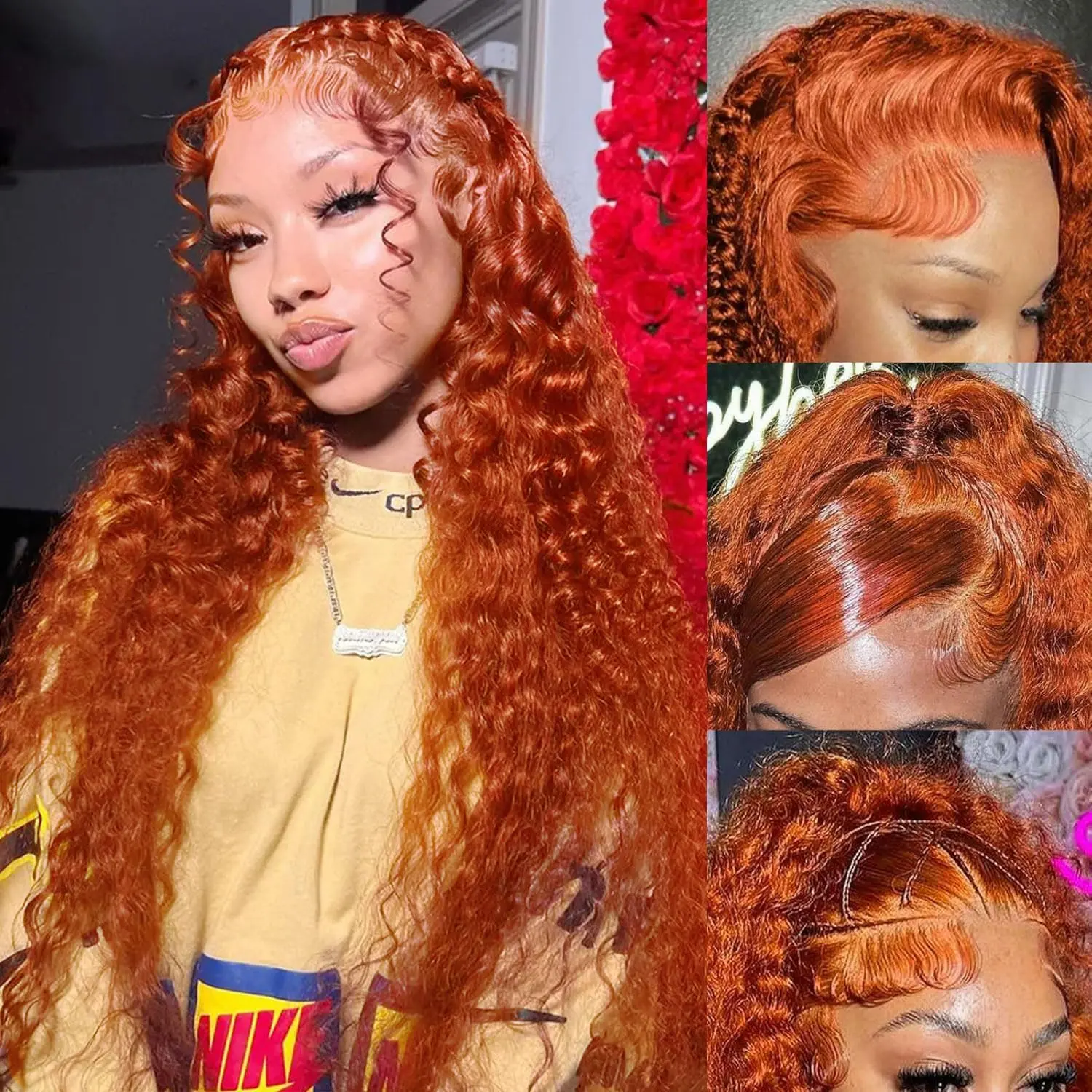 Ginger Wig Human Hair 13x6 Deep Wave Lace Front Wigs Human Hair Curly Wigs HD Transparent Lace Frontal 350 Colored Human Hair Wig Pre Plucked 180% Density 30 Inch