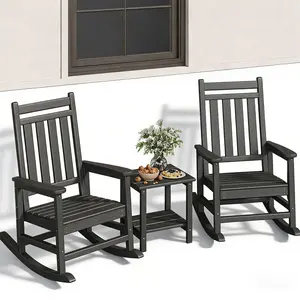 Poly Lumber Rocking Chair Outdoor Set of 2 with Side Table - HDPE High Back Porch Rocker Chairs for Adults - All Weather Resistant Furniture for Patio - Black