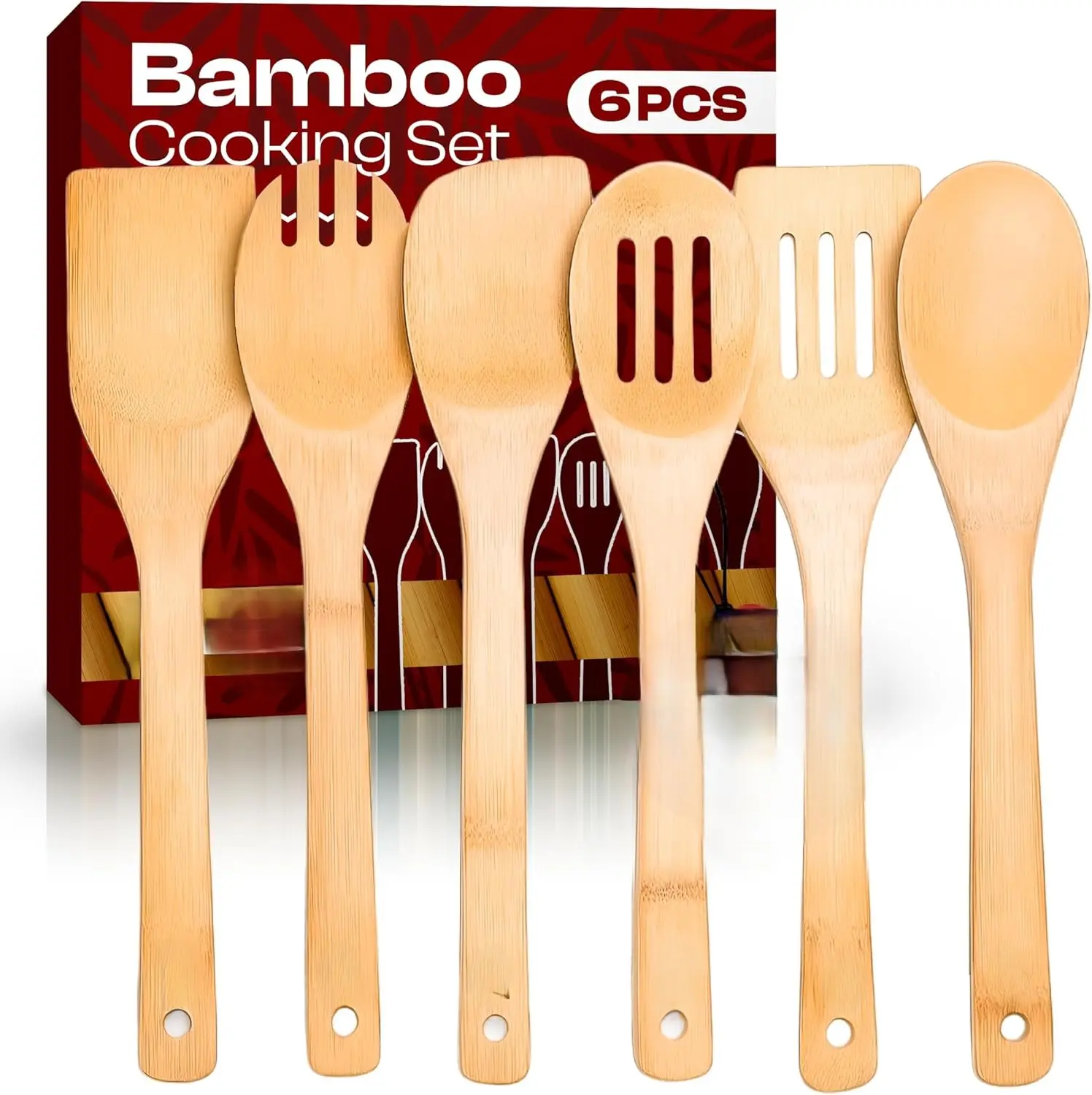 6-Piece Bamboo Cooking Utensils Set, Wooden Cooking Spoons & Spatulas, Durable Kitchen Tool Set for Everyday Cooking