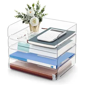 Desk Organizer and Storage, 4-Tier Paper Letter Tray Organizers, Stackable Clear Desktop Organizer for Documents, Book and Magazine Storage, Office Supplies, Clear, 4 Pack