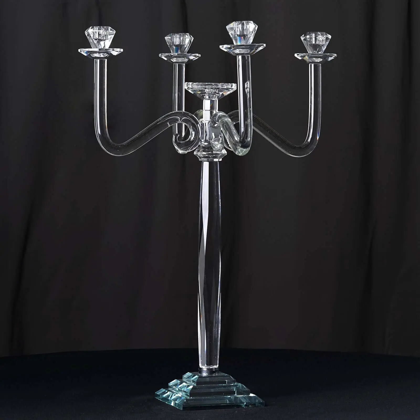 5 Arm Crystal Glass Candelabra 27" Clear- Glamorous Taper Candle Holder Table Centerpiece Stand for Weddings & Banquets