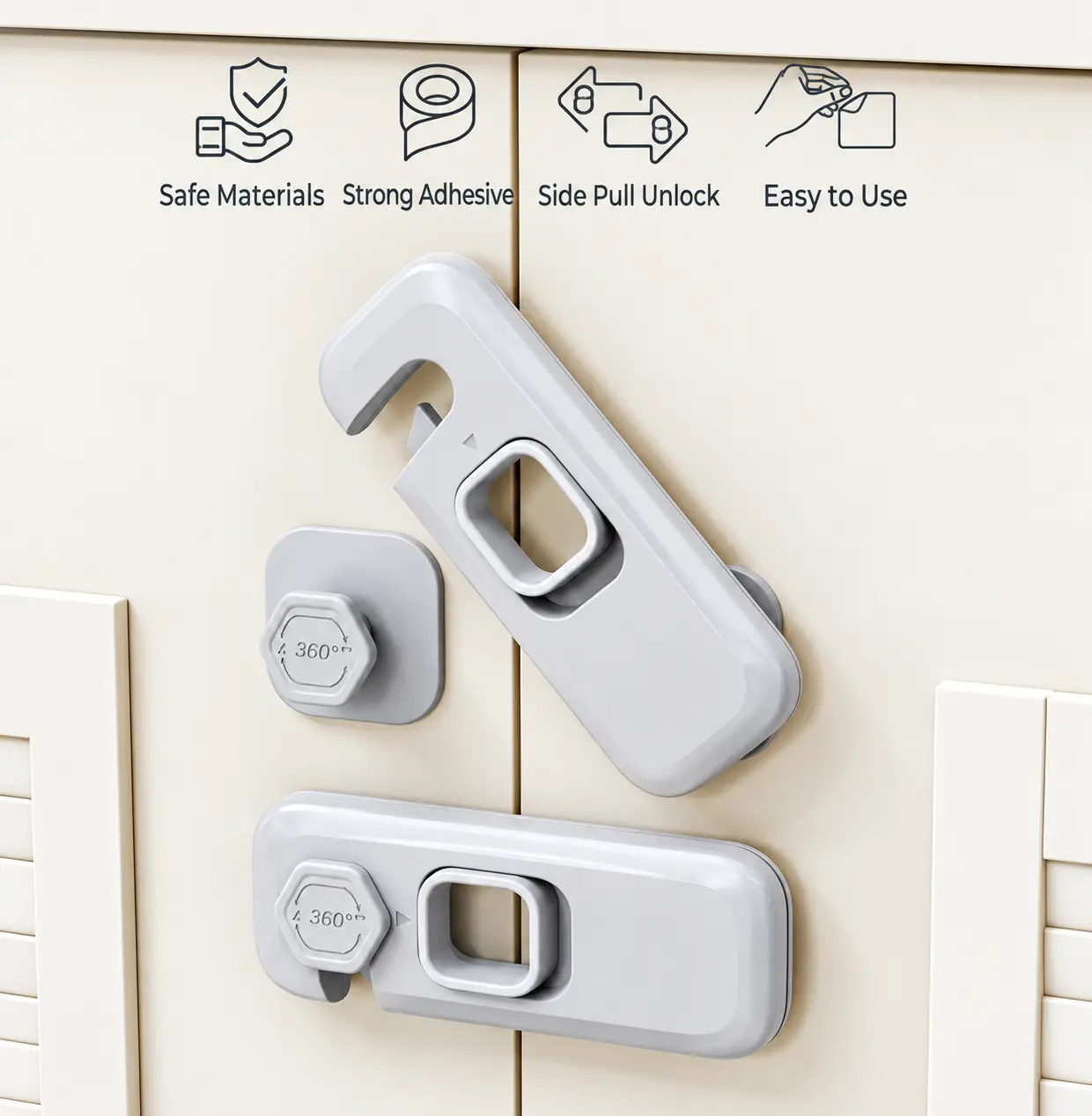 4PCS or 8PCS 360° Rotating Cabinet Lock Self-Adhesive No Drill Home Security Lock, Heavy Duty ABS Drawer Safety Latch for Closets, Appliances, Fridges, Wardrobes, Pantry Doors & Storage Cabinets, Easy Peel & Stick Installation