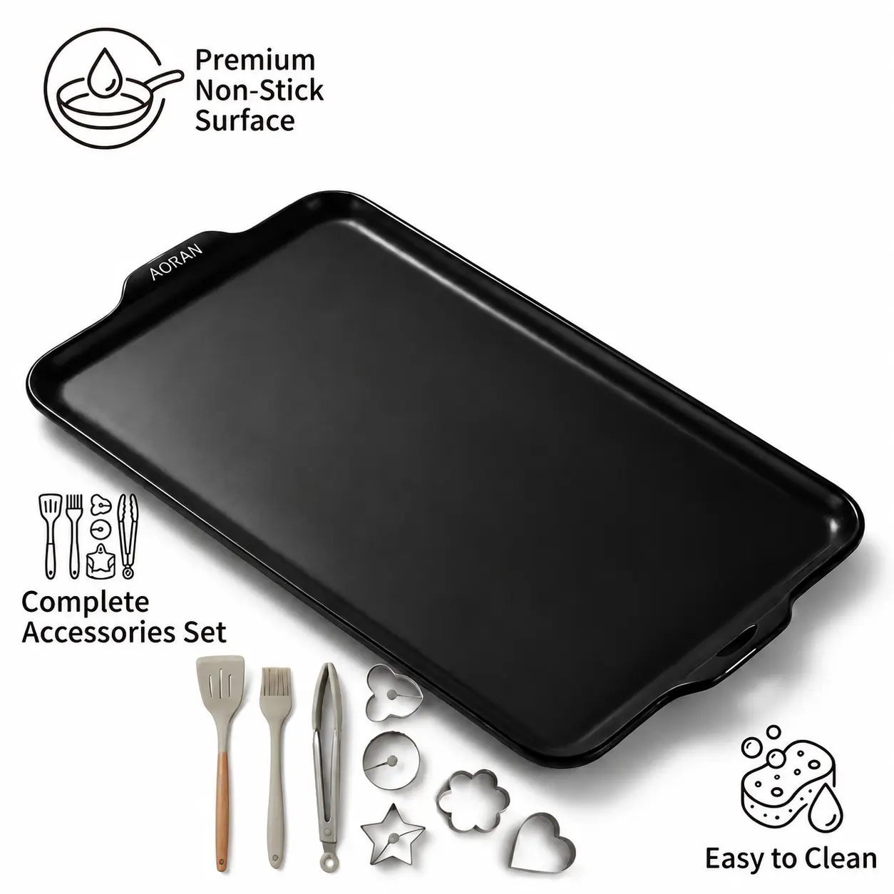 The AORAN ceramic baking pan is made from food-grade materials, is Teflon-free, and is dishwasher-safe; it is perfect for roasting bacon, chicken wings, steak, ham, sandwich bread, and toast, making it an ideal choice for family gatherings.