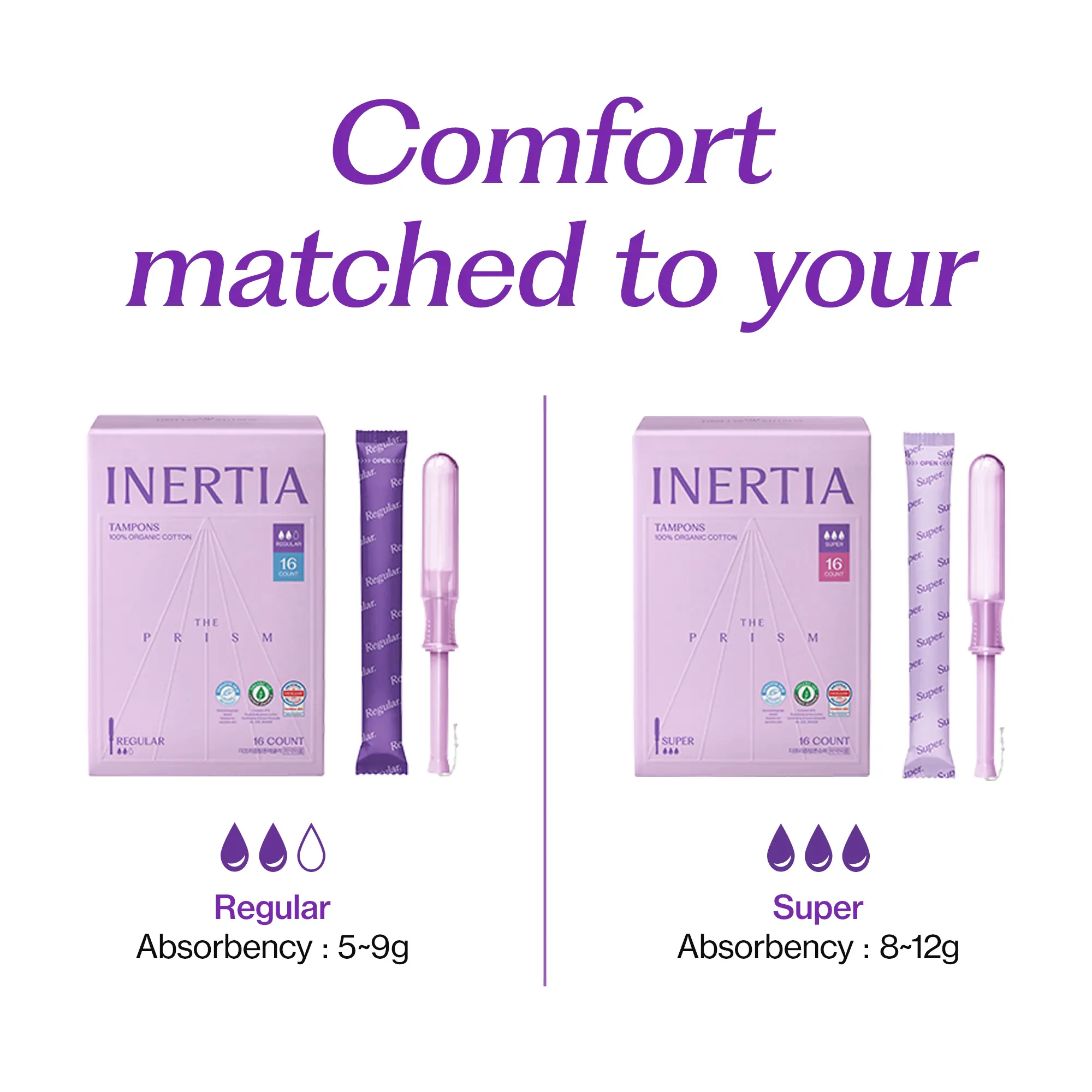 [100% Organic Cotton] The Prism Tampons, BPA-Free Comfort Applicator, 16 Count(Regular / Super)