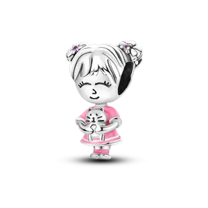 MULA Cute Girl and Cat Charm - 925 Silver-plated with Rose Quartz Beads, a symbol of love and companionship, compatible with Pandora bracelets