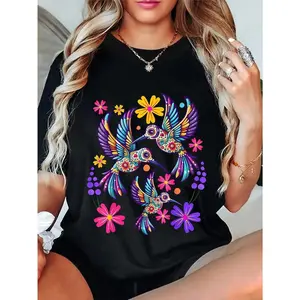 TLXT 100% Cotton Unisex Hummingbird Colorful Mexican Flowers Bird Floral Nature T-Shirt,Unisex Crewneck T-shirt for Men And Women